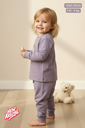 Unisex Bebek & Çocuk Eşofman Takımı Pamuklu Esnek Kumaş Sevimli Kaz Baskılı Lila 2'li Alt Üst Takım