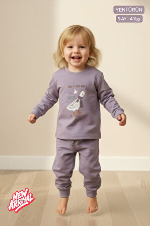 Unisex Bebek & Çocuk Eşofman Takımı Pamuklu Esnek Kumaş Sevimli Kaz Baskılı Lila 2'li Alt Üst Takım