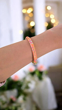 Pembe Çiçek Turuncu Mineli Çelik Bilezik