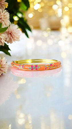 Pembe Çiçek Turuncu Mineli Çelik Bilezik