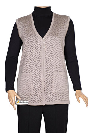 Hesna Kadın Yakut Triko Ajurlu Cepli Düğmeli Yırtmaçlı Taş Beji Yelek