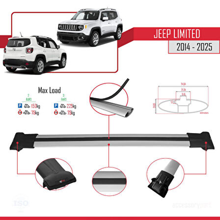 Jeep Limited 2014 ve Sonrası ile Uyumlu FLY Model Ara Atkı Tavan Barı Gri 2 Adet