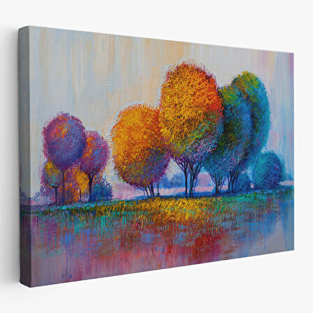 Renkli Ağaçlar Yağlıboya Görünüm Dekoratif Kanvas Duvar Tablosu-3608