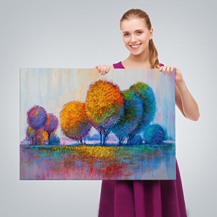 Renkli Ağaçlar Yağlıboya Görünüm Dekoratif Kanvas Duvar Tablosu-3608