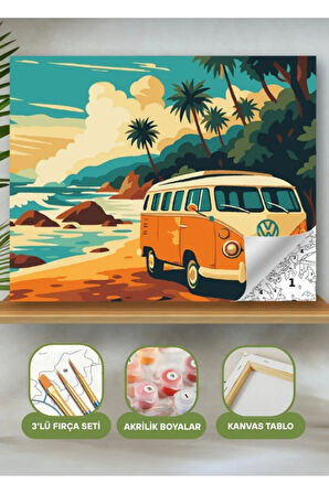 Sayılarla Boyama Seti 40x50 Cm (Çıtalı) Fırça Boya Dahil Numaralı Tuval Araba Deniz Nostaljı