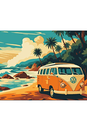 Sayılarla Boyama Seti 40x50 Cm (Çıtalı) Fırça Boya Dahil Numaralı Tuval Araba Deniz Nostaljı