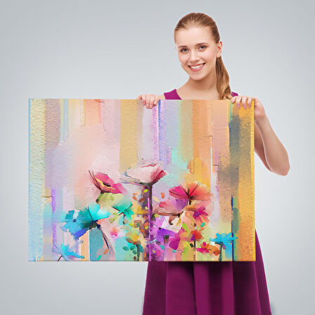 Fırça Darbeli Soyut Çiçek Yağlıboya Görünüm Kanvas Tablo-3613