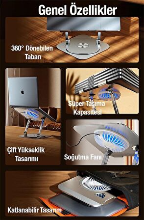 Coofbe 360° Dönebilen Çift Katmanlı Yükseklik Ayarlı Laptop Soğutucu Laptop Standı Notebook Soğutucu