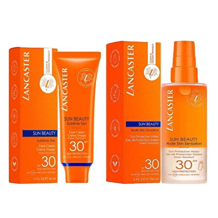 Lancaster Sun Beauty Face Cream SPF30 Güneş Koruyucu Yüz Kremi 50ML+ Water SPF30 Güneş Koruyucu 150ML  2li Set