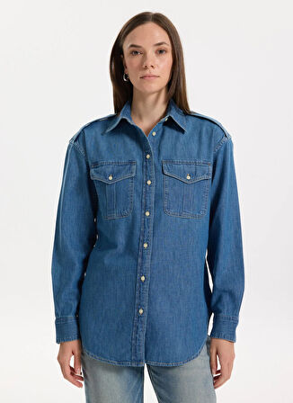 Lauren Ralph Lauren Slim Fit Gömlek Yaka Mavi Kadın Gömlek RODIEL-LONG SLEEVE-BUTTON FRONT SHI