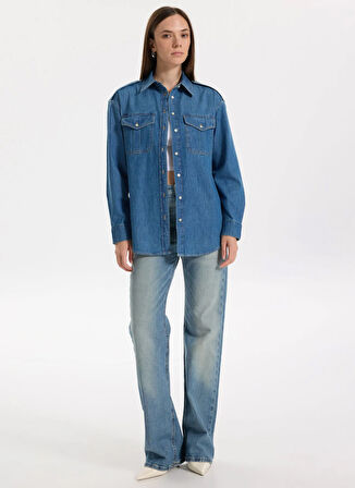 Lauren Ralph Lauren Slim Fit Gömlek Yaka Mavi Kadın Gömlek RODIEL-LONG SLEEVE-BUTTON FRONT SHI