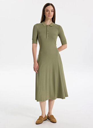 Lauren Ralph Lauren Gömlek Yaka Yeşil Midi Kadın Elbise LILLIANNA-ELBOW SLEEVE-DAY DRESS
