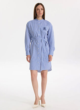 Lauren Ralph Lauren Gömlek Yaka Mavi Diz Üstü Kadın Elbise KINLEY-LONG SLEEVE-DAY DRESS