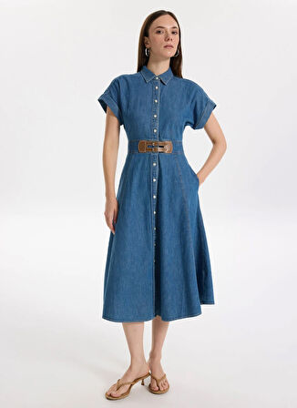 Lauren Ralph Lauren Gömlek Yaka Mavi Midi Kadın Elbise ERLAINA-SHORT SLEEVE-DAY DRESS