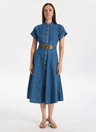 Lauren Ralph Lauren Gömlek Yaka Mavi Midi Kadın Elbise ERLAINA-SHORT SLEEVE-DAY DRESS