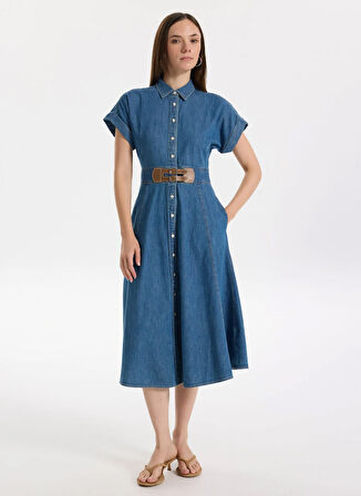 Lauren Ralph Lauren Gömlek Yaka Mavi Midi Kadın Elbise ERLAINA-SHORT SLEEVE-DAY DRESS