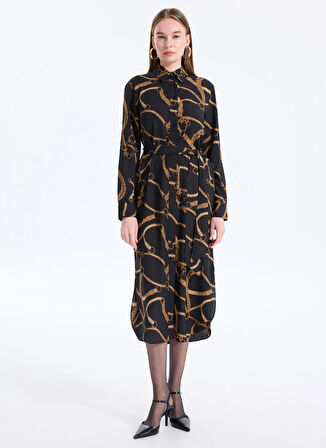 Lauren Ralph Lauren Gömlek Yaka Desenli Siyah Midi Kadın Elbise 200978812