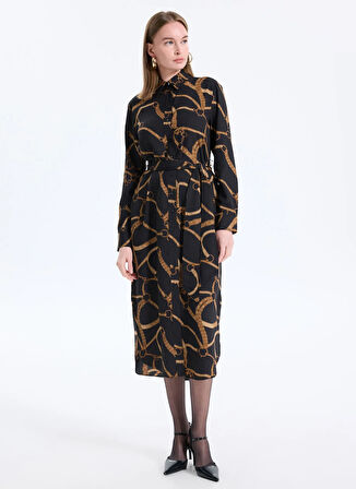 Lauren Ralph Lauren Gömlek Yaka Desenli Siyah Midi Kadın Elbise 200978812
