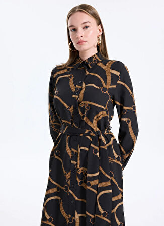 Lauren Ralph Lauren Gömlek Yaka Desenli Siyah Midi Kadın Elbise 200978812