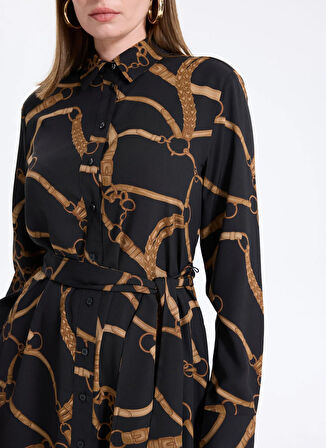 Lauren Ralph Lauren Gömlek Yaka Desenli Siyah Midi Kadın Elbise 200978812