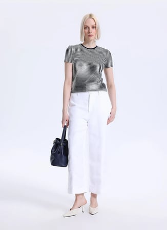 Lauren Ralph Lauren Lacivert - Beyaz Yuvarlak Yaka Kadın Standart Fit Çizgili T-Shirt 200P03721