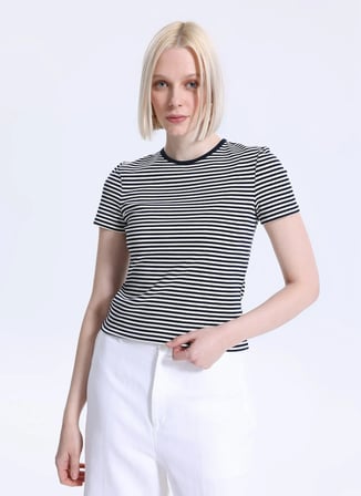 Lauren Ralph Lauren Lacivert - Beyaz Yuvarlak Yaka Kadın Standart Fit Çizgili T-Shirt 200P03721