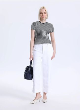 Lauren Ralph Lauren Lacivert - Beyaz Yuvarlak Yaka Kadın Standart Fit Çizgili T-Shirt 200P03721