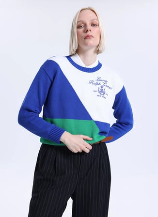 Lauren Ralph Lauren Mavi Kadın Yuvarlak Yaka Baskılı Kazak 200P03509
