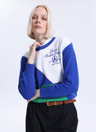 Lauren Ralph Lauren Mavi Kadın Yuvarlak Yaka Baskılı Kazak 200P03509