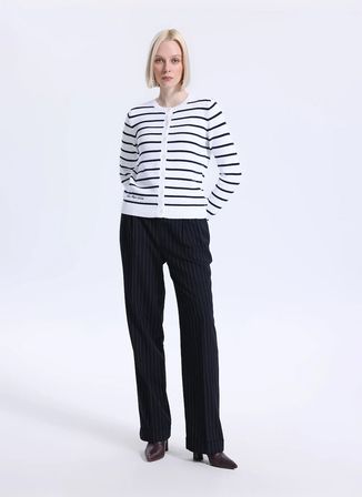 Lauren Ralph Lauren Beyaz - Siyah Yuvarlak Yaka Kadın Standart Fit Çizgili Hırka 200P03495