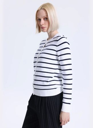 Lauren Ralph Lauren Beyaz - Siyah Yuvarlak Yaka Kadın Standart Fit Çizgili Hırka 200P03495