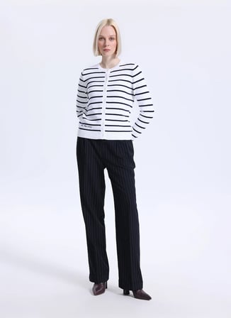 Lauren Ralph Lauren Beyaz - Siyah Yuvarlak Yaka Kadın Standart Fit Çizgili Hırka 200P03495