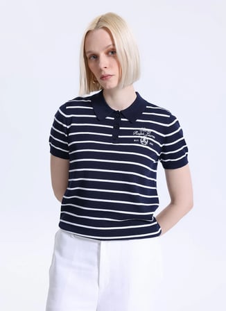 Lauren Ralph Lauren Lacivert - Beyaz Kadın Standart Fit Çizgili Kazak 200P03506