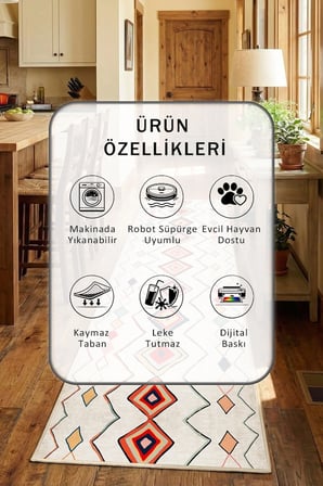 İskandinav Renkli Bej Yıkanabilir Kaymaz Taban Dijital Baskılı Mutfak Halısı