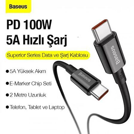 Baseus Super Şarj 1MT 100W Type-C to Type-C Şarj Data Kablosu Laptop Notebook Macbook Pro Şarj Kablo
