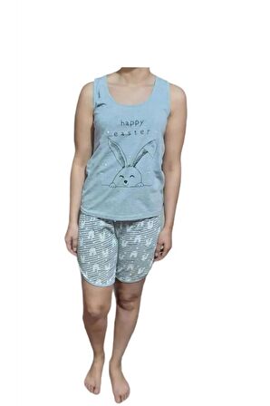 Tavşan Baskılı Askılı Pijama Takımı