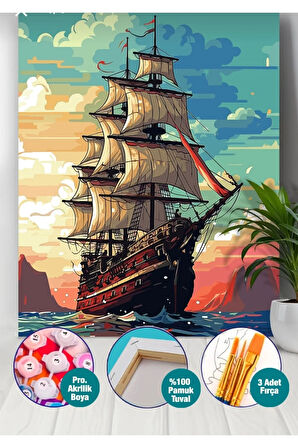 Sayılarla Boyama Seti 40x50 Cm (Çıtalı) Fırça Boya Dahil Numaralı Tuval Korsan Gemi