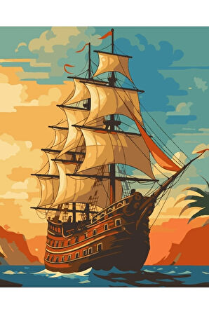 Sayılarla Boyama Seti 40x50 Cm (Çıtalı) Fırça Boya Dahil Numaralı Tuval Korsan Gemi