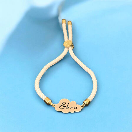 Ebru İsmine Özel 14 Ayar Altın Plakalı İpek Örgülü Bulut Motifli Hediye Bileklik-362isim-beyaz