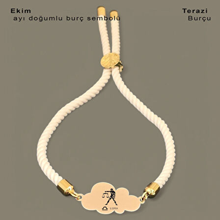 Terazi Burçlarına Özel Bulut Motifli 14 Ayar Altın Plakalı İpek Örgülü Hediye Bileklik-362burç-beyaz