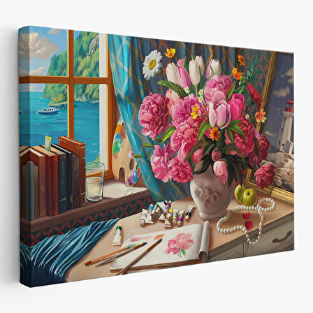 Deniz Manzaralı Yağlıboya Görünüm Dekoratif Kanvas Tablo-3621