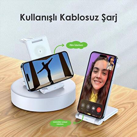 Coofbe Çift Bobinli 15W Super Şarj 3in1 Masaüstü Telefon Şarjı Kulaklık Saat Şarjı İphone Şarj Stand