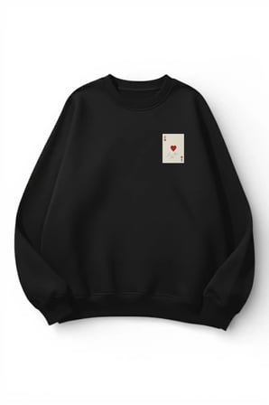 Unisex Yumuşak Dokulu Lucky Kalp Ası Baskılı Tasarım Oversize 3 İplik Bisiklet Yaka Sweatshirt