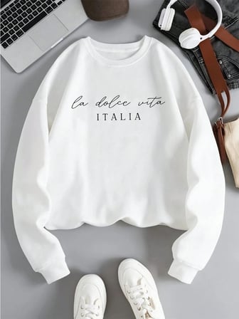 La Dolce Vita Italia Baskılı Bayan Kazak Bisiklet Yaka Y2K Gevşek Giyim Çok Renkli Rahat Kaza