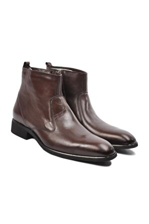Burç Sivri Burun Orta Topuk Fermuarlı Günlük Kahverengi Klasik Bot Hakiki Deri