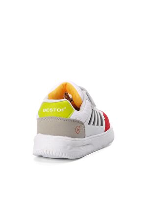 Bestof Bst-B074-F Beyaz-Kırmızı-Siyah Cırtlı Çocuk Sneaker