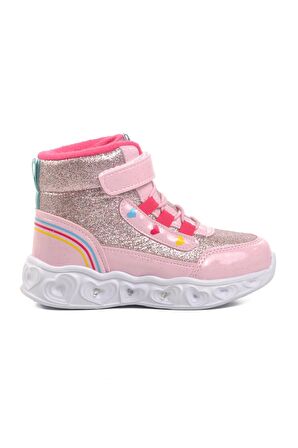 Ayakmod Kids-P Pudra Kalp Desenli Simli Kız Çocuk Sneaker Bot