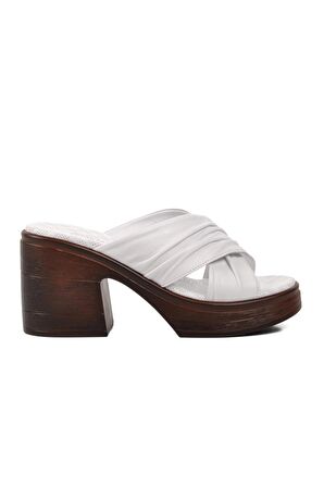 Ayakmod 523004 Beyaz Hakiki Deri Kadın Topuklu Terlik