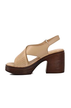 Ayakmod 523001 Bej Hakiki Deri Kadın Topuklu Sandalet