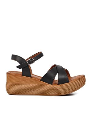 Ayakmod 426093 Siyah Kadın Dolgu Topuk Sandalet